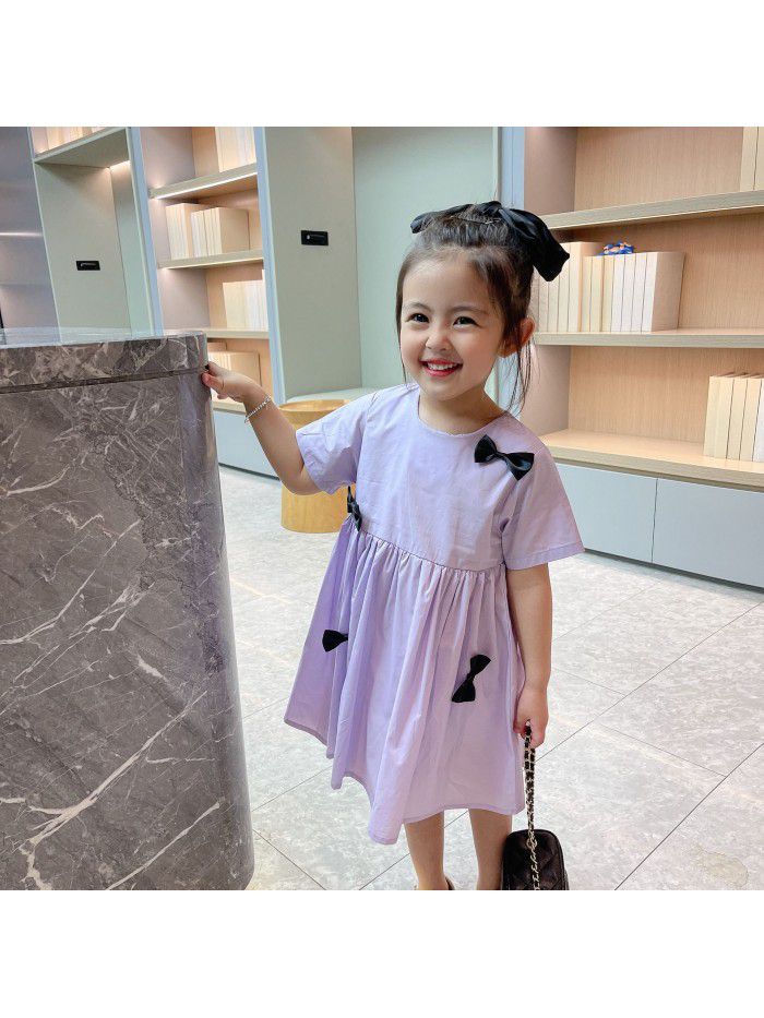 Girls' short sleeve dress  summer new children's pure color bow princess skirt nubao foreign style summer dress 
