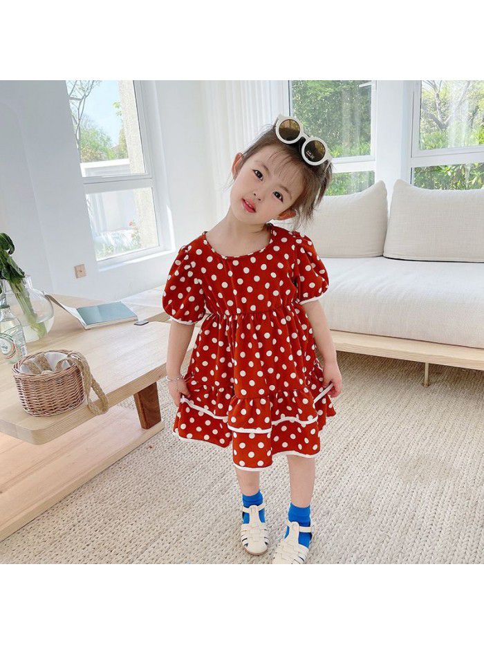 Girls' short sleeve dress  summer new children's lovely dot puffy princess skirt 
