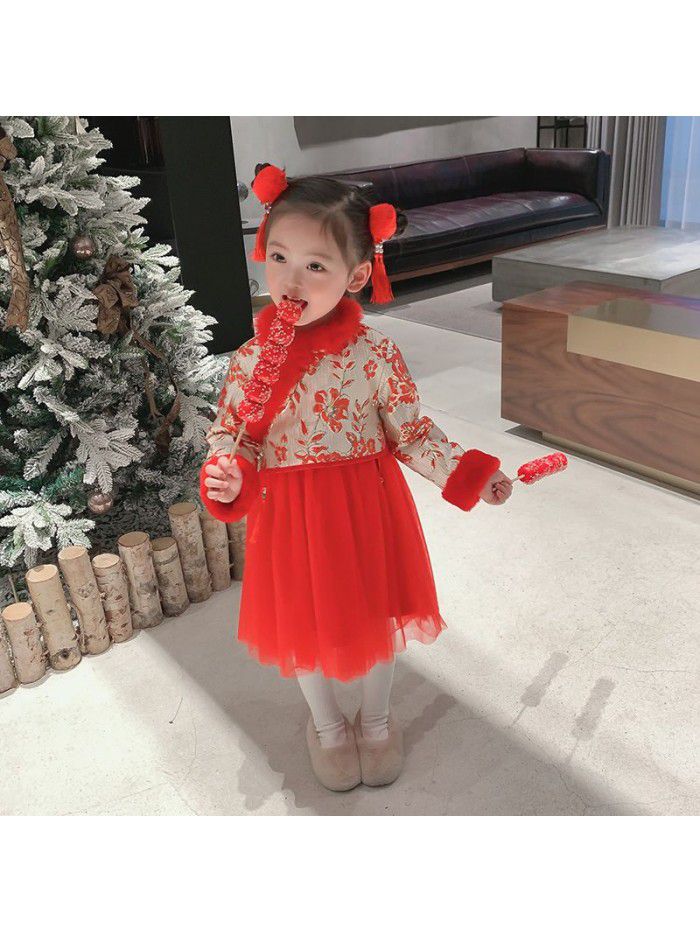 Girls' Chinese style dress winter  new children's red new year dress 