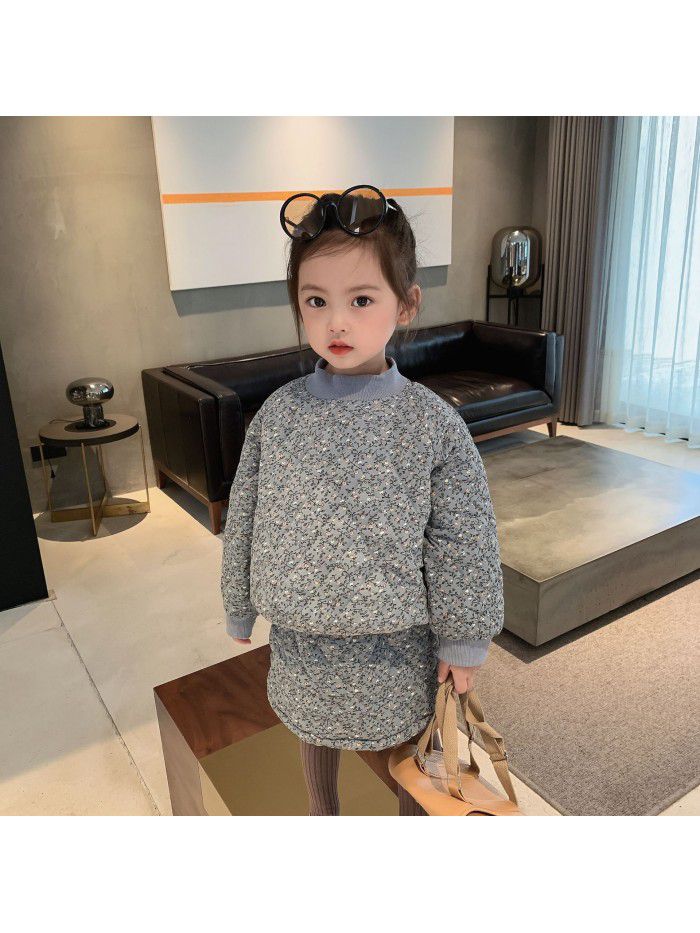 Girls' cotton padded suit  winter new children's floral long sleeve skirt two piece cotton padded jacket 