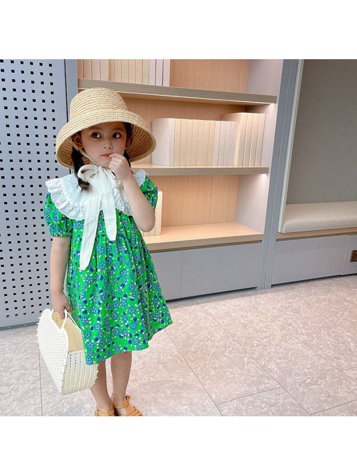 Girls' short sleeve dress  summer new children's floral Lapel skirt baby Korean summer dress fashion 