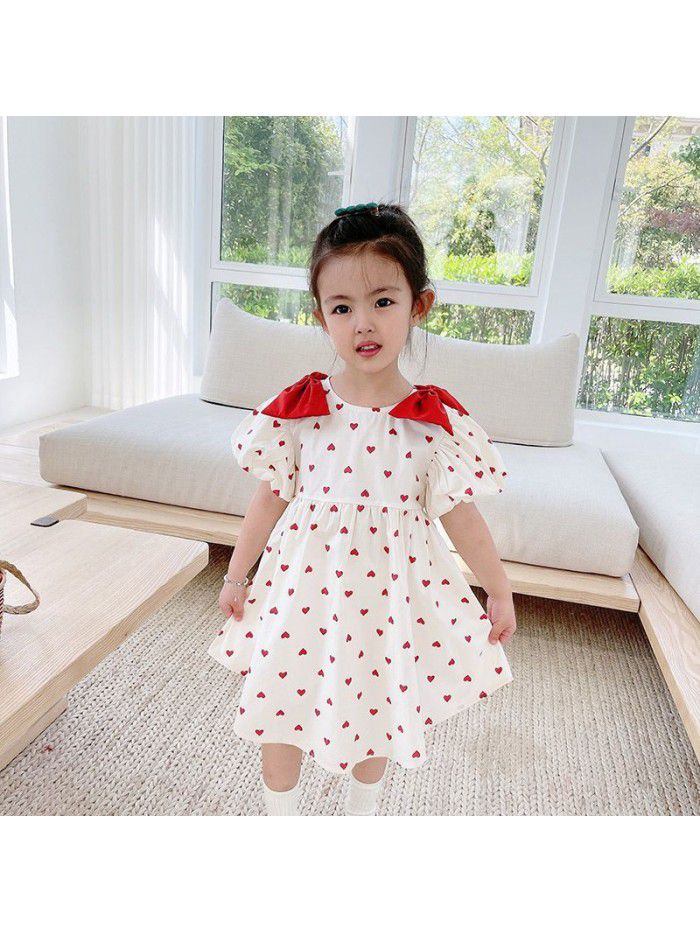 Girls' short sleeve dress  summer new children's lovely bow love princess skirt children's summer wear 