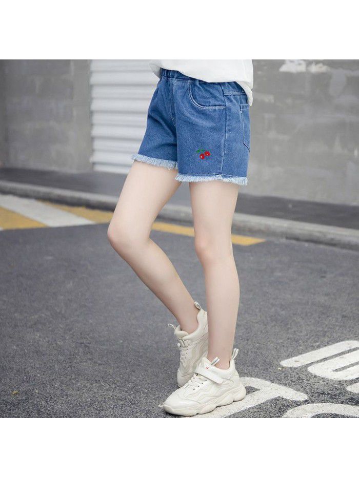 Girls' denim shorts summer wear  new Zhongda children's foreign style embroidery thin children's trousers Han banchao 