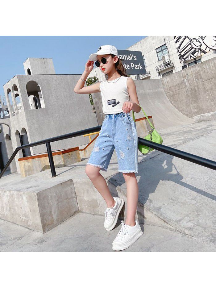 Girls' jeans  summer new pants pants breeches Capris fashion casual Korean perforated Shorts Girls 