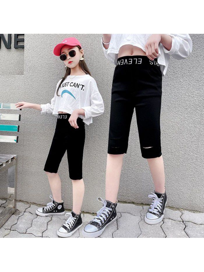 Girls' summer dress, western style, 5-point jeans, versatile high elastic pants, children's big children's casual pants and breeches 