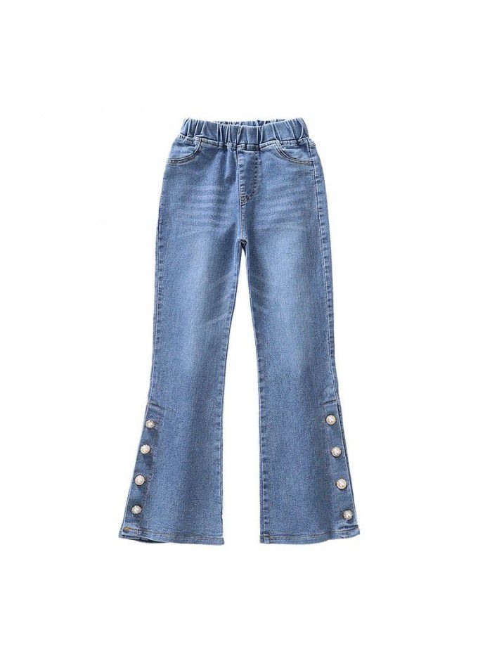 Girls' elastic jeans Korean slim four button bell bottom  new girls' fashionable Capris 