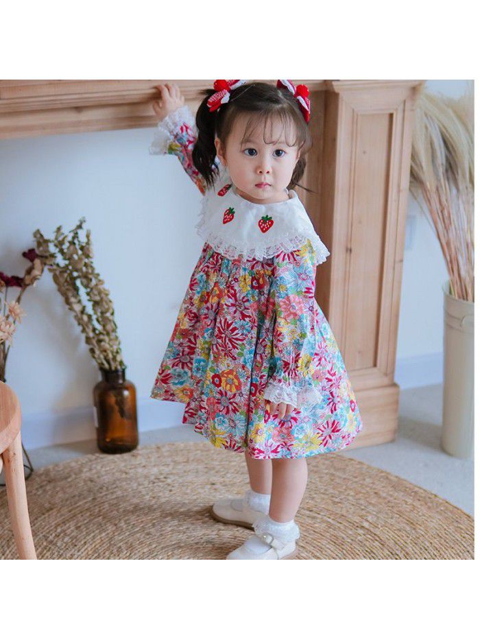 Spring girl's long sleeve Printed Dress with big Lapel embroidery children's Princess Dress 