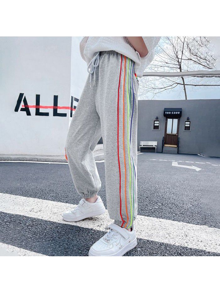 Girls' sports pants spring and autumn  new children's Korean color striped guard pants loose primary school students' leisure pants 