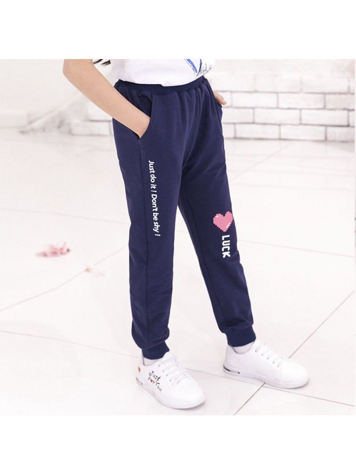 girls' casual pants autumn new children's pure cotton pants printed peach heart 