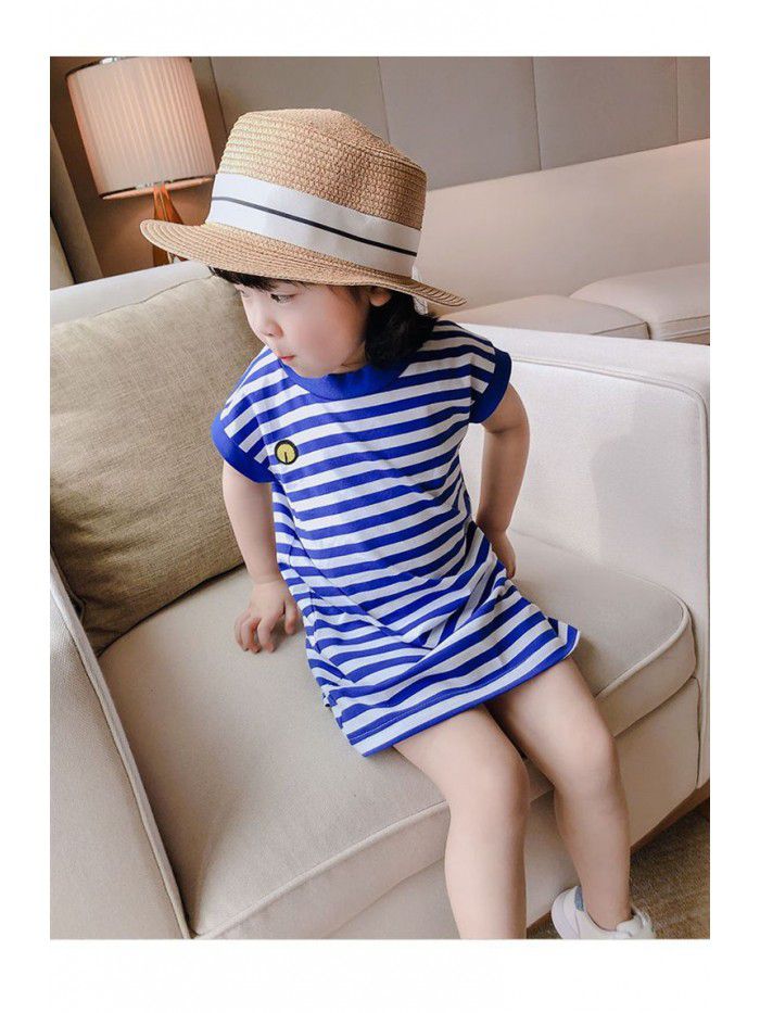 Children's wear  summer new girl's navy blue stripe sleeveless T-shirt dress 