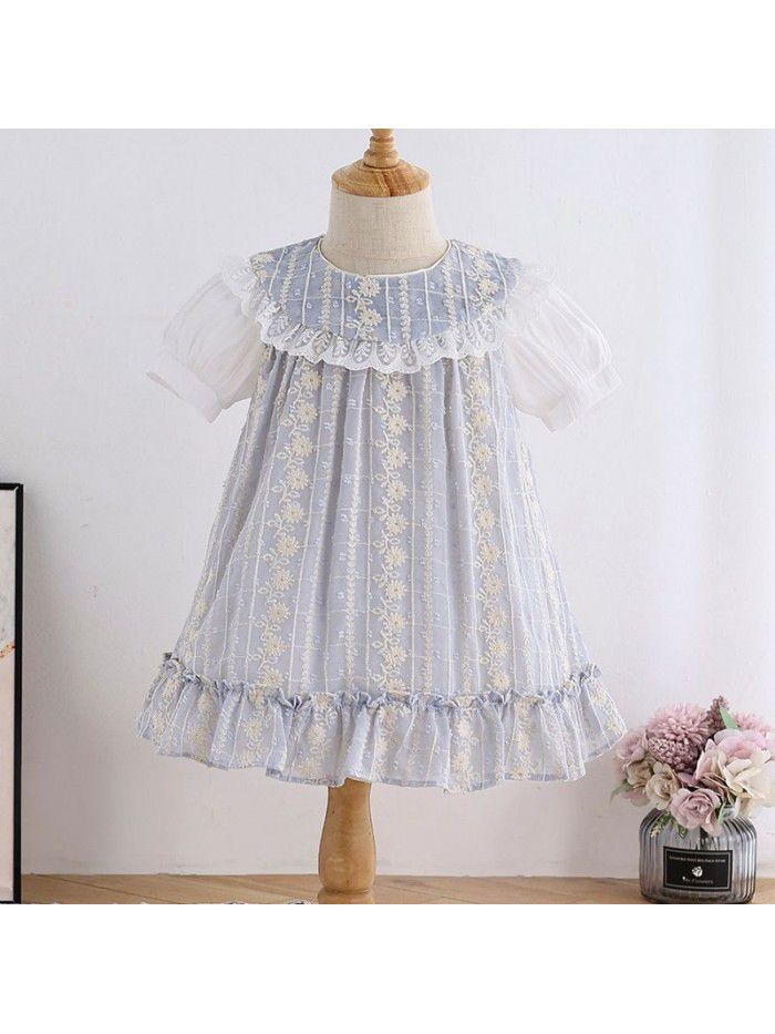  summer new round neck short sleeve loose skirt children jacquard Princess Dress Korean sweet girl dress 
