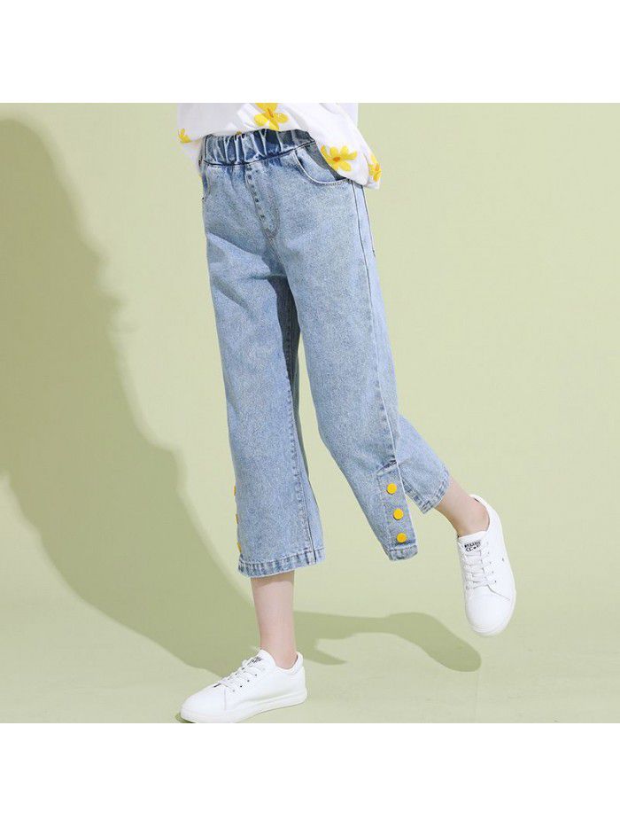 Girls' Capris jeans summer  new Korean Zhongda children's leisure wide leg pants thin pants 