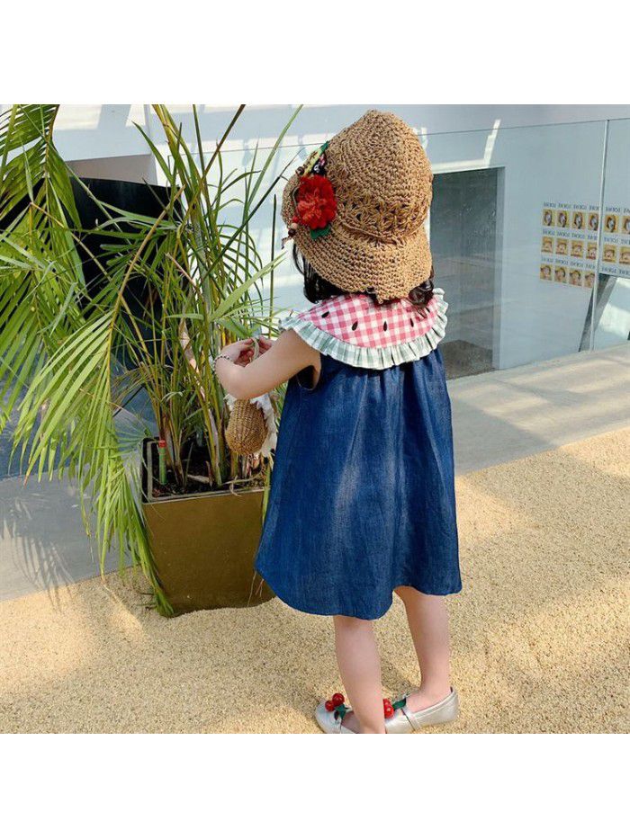 Girls skirt children cute cartoon Plaid Lapel pure dress denim skirt 20 summer new children's wear 
