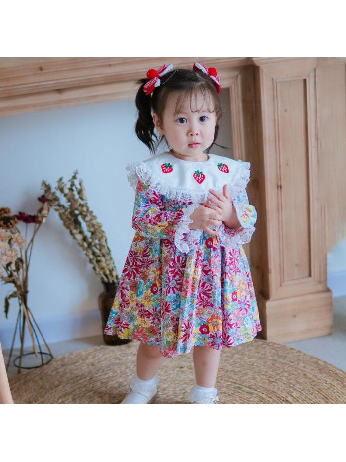 Spring girl's long sleeve Printed Dress with big Lapel embroidery children's Princess Dress 