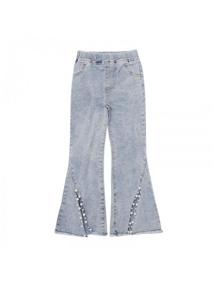 Girls' jeans flared pants spring and autumn  new Korean version of Chinese University Children's foreign style Capris elastic slim pants 