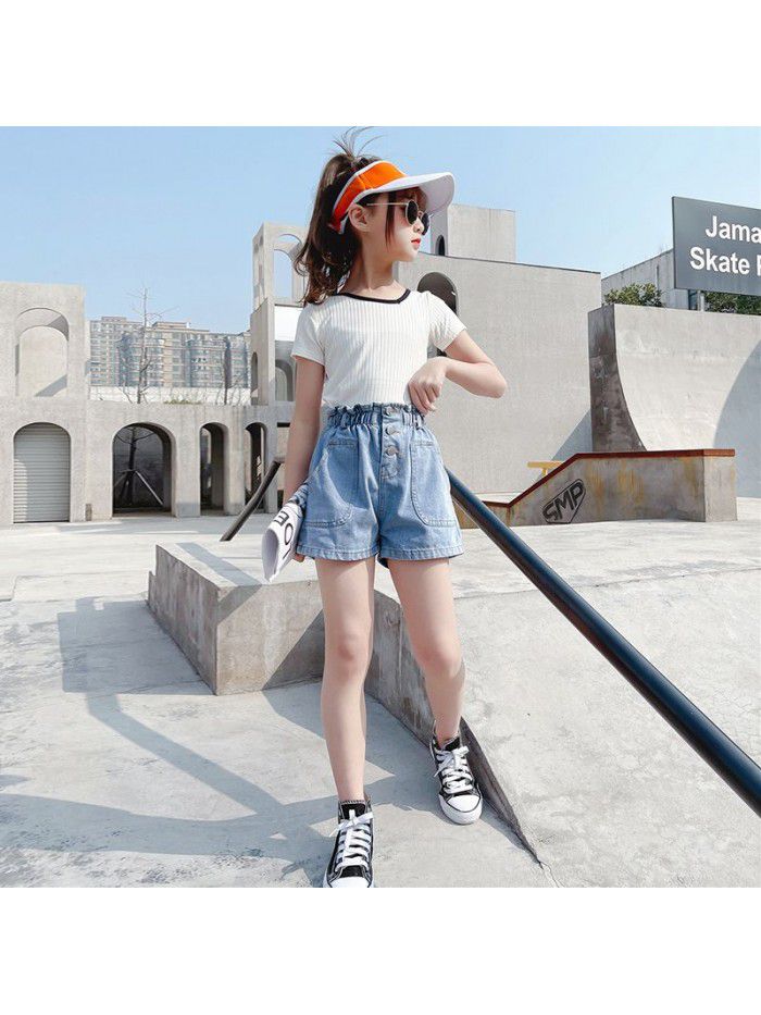 Girls' denim shorts summer wear  new style foreign style children's thin high waist children's summer flower bud hot pants 