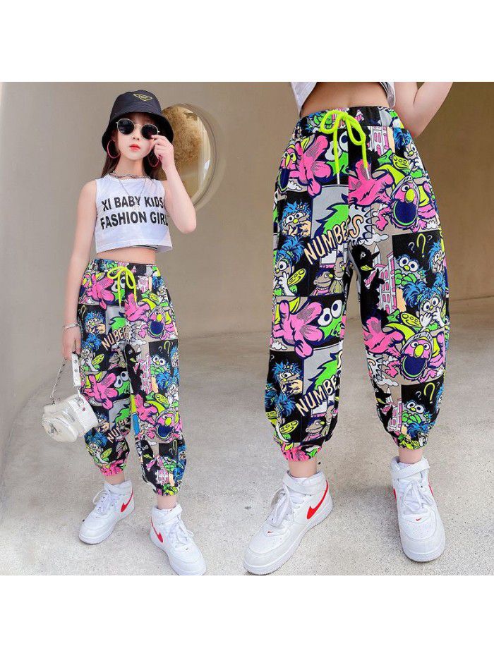 Girls' thin sports pants summer pants foreign style leisure pants loose knickerbockers children's anti mosquito pants summer 