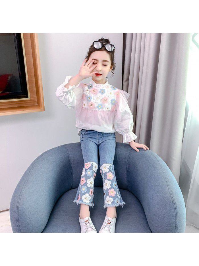 Girls' net red suit spring and autumn Zhongda children's Korean version foreign style fashion shirt jeans children's fragrance clothes 