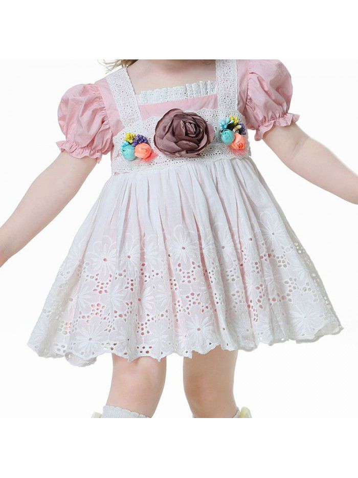 High quality spot Spanish children's wear French bubble sleeve Lolita girls' dress with hollow out fabric skirt 