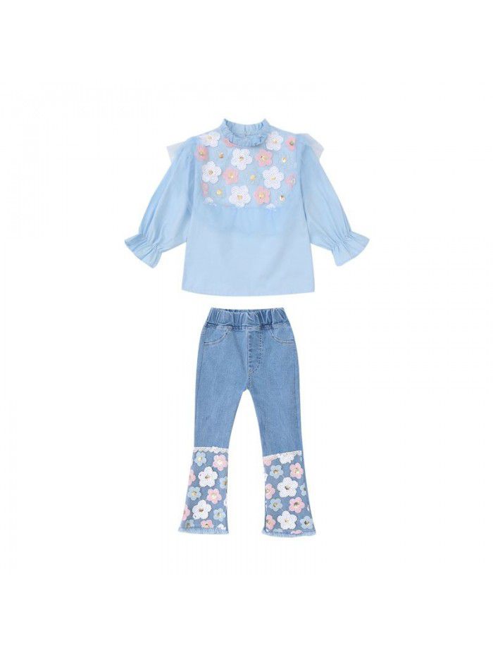 Girls' net red suit spring and autumn Zhongda children's Korean version foreign style fashion shirt jeans children's fragrance clothes 