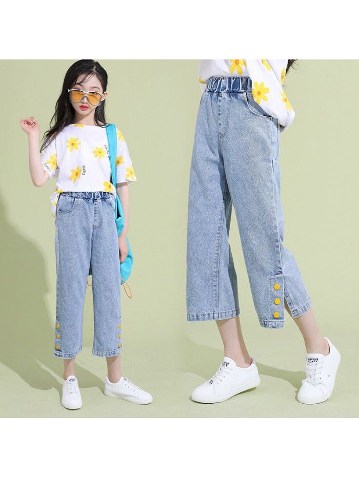 Girls' Capris jeans summer  new Korean Zhongda children's leisure wide leg pants thin pants 