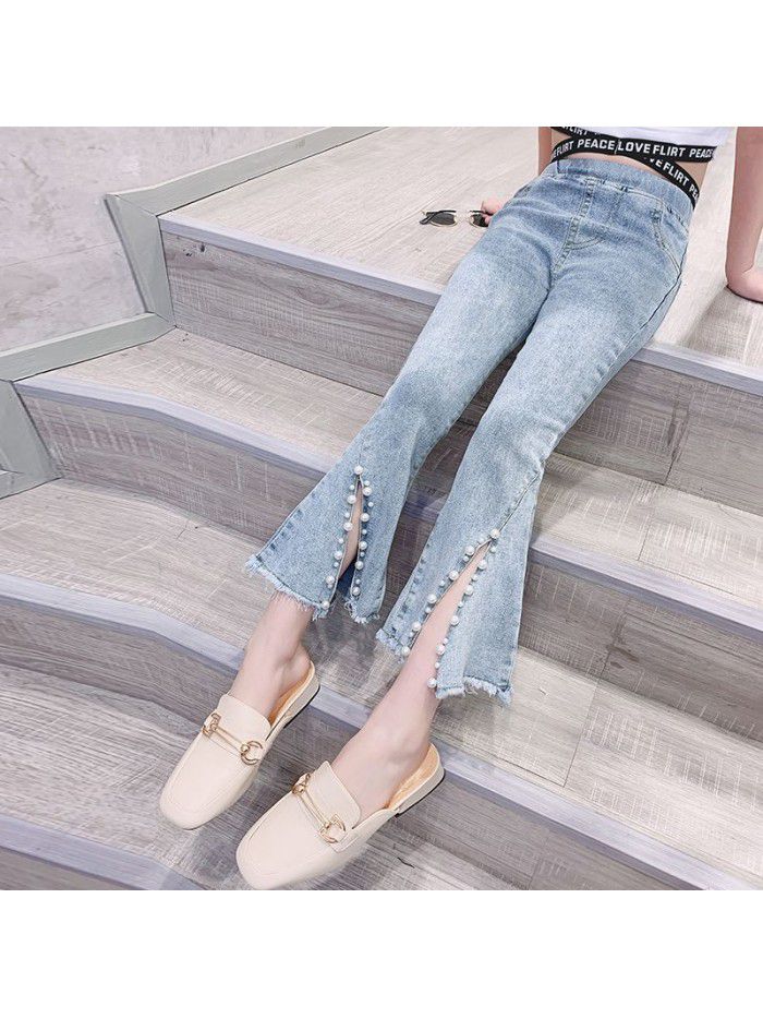 Girls' jeans flared pants spring and autumn  new Korean version of Chinese University Children's foreign style Capris elastic slim pants 