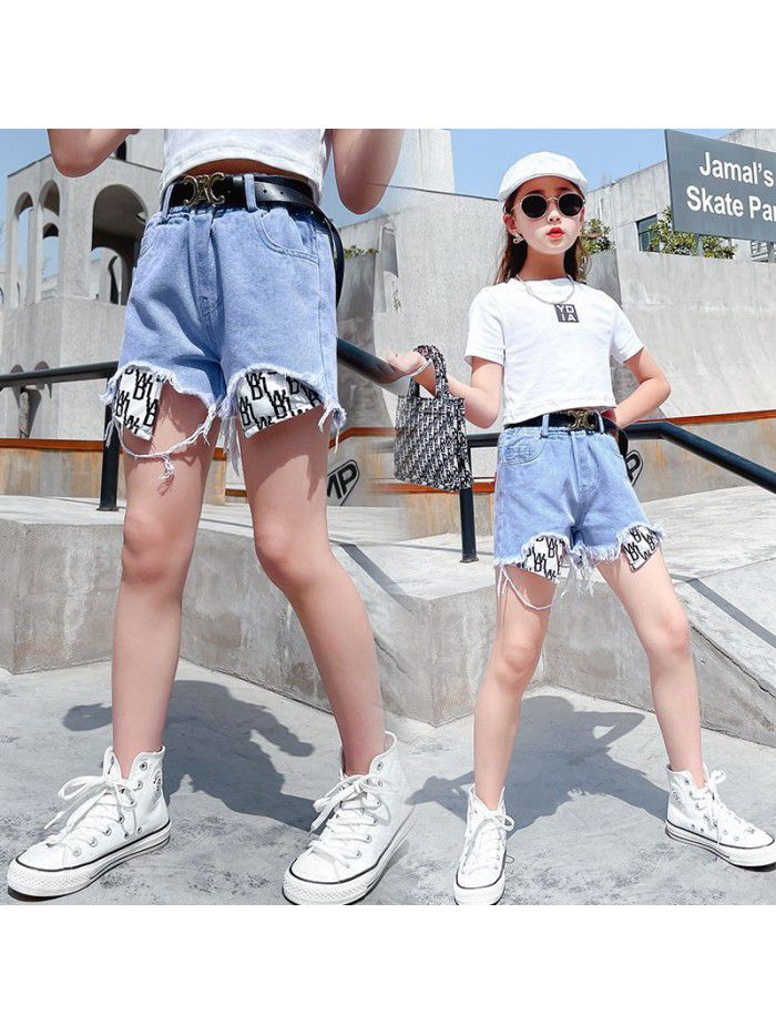 Girls' foreign style  summer new large pocket letter denim shorts children's high waist fashion hot pants fashion 