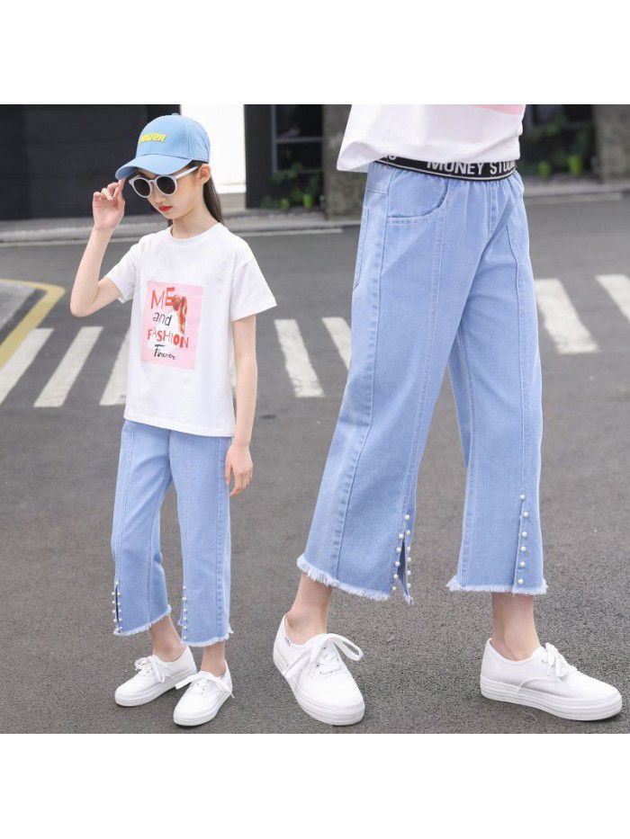 Girls' jeans Capris thin children's wear women's middle school children's loose wide leg pants 