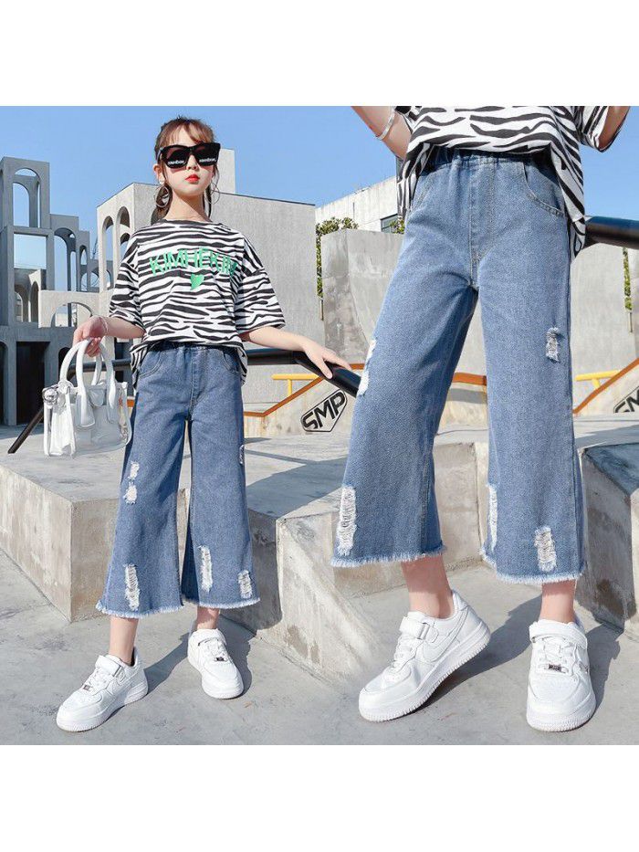 Girl's wide leg pants spring and summer  loose foreign style girl's big boy's jeans hole children's Capris 