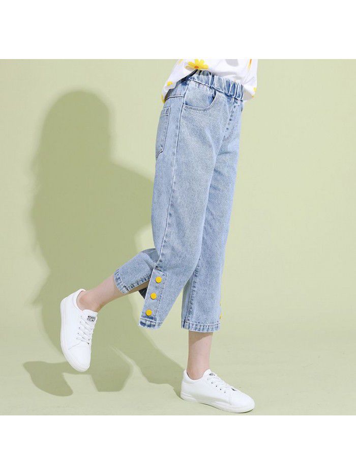 Girls' Capris jeans summer  new Korean Zhongda children's leisure wide leg pants thin pants 