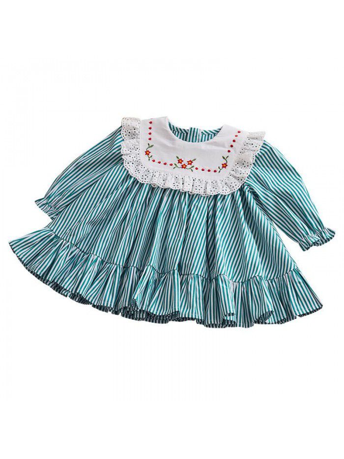 European and American children's wear  spring long sleeve children's dress middle and small children's stripe embroidery children's skirt Lapel girl's skirt 