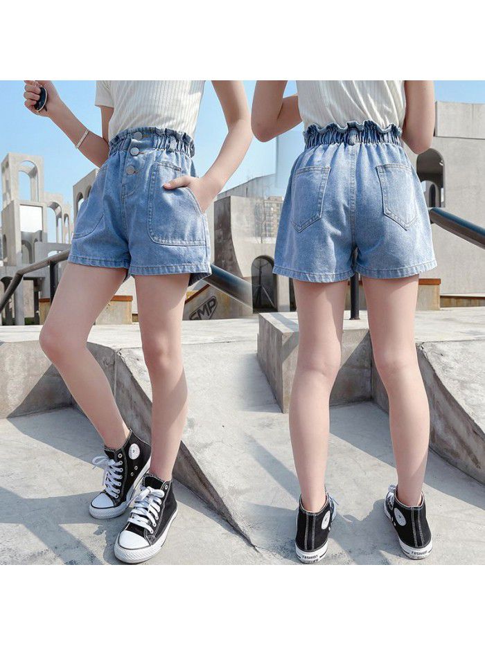 Girls' denim shorts summer wear  new style foreign style children's thin high waist children's summer flower bud hot pants 