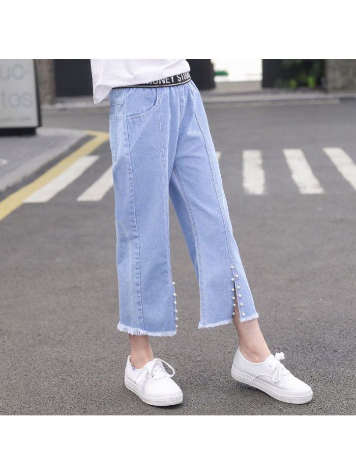Girls' jeans Capris thin children's wear women's middle school children's loose wide leg pants 