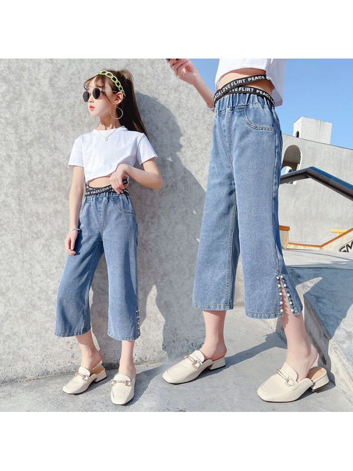 Girls' Beaded jeans, foreign style, spring , new wide leg pants, Capris, children's wear, fashion pants for middle and large children 