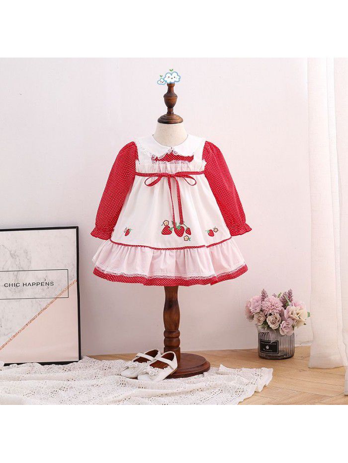 spring new children's Princess Dress wave point embroidery children's long sleeve dress foreign style Lolita skirt 