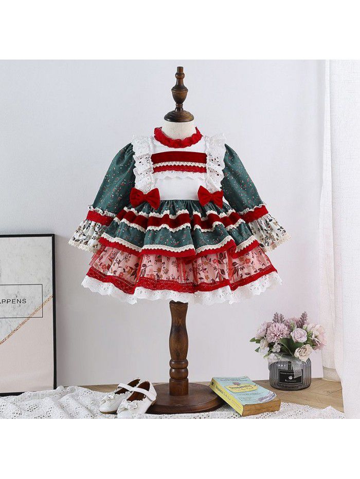 Spanish princess skirt Lolita Plush children's dress pompous skirt printed Lolita girls' new year dress 