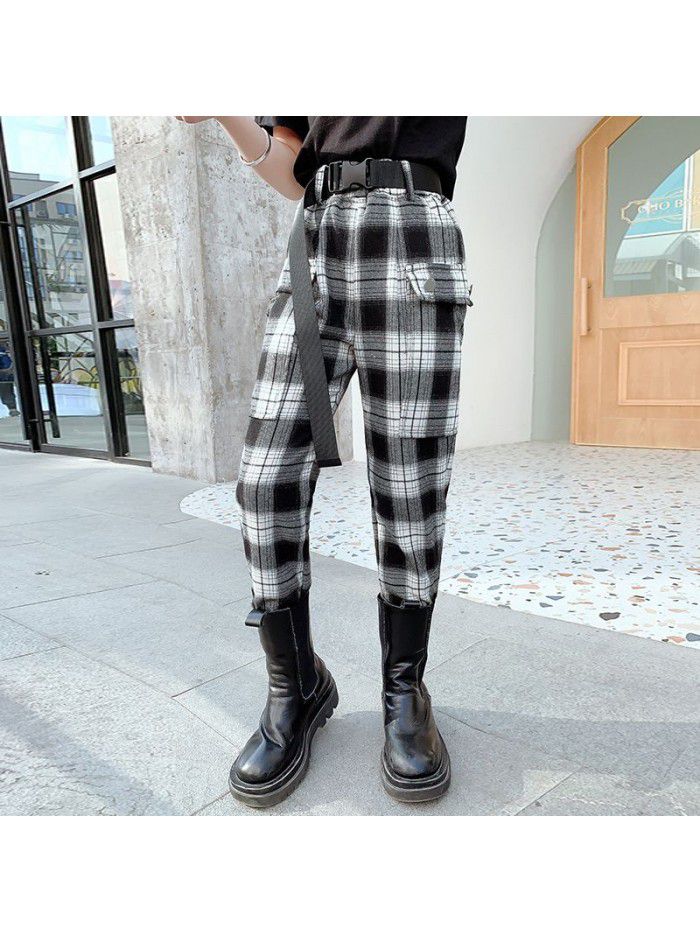 Girls' overalls  new spring and autumn children's plaid pants leisure foreign style children's spring pants Sports 