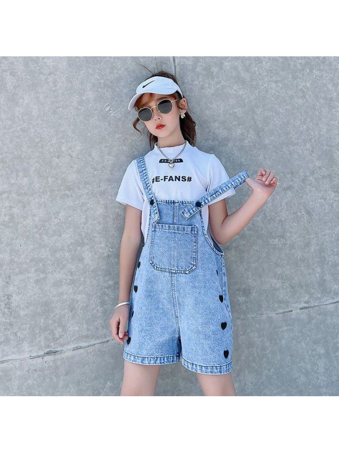 Girl's suspender pants for middle and large children's foreign style loose denim shorts summer thin children's love pants 