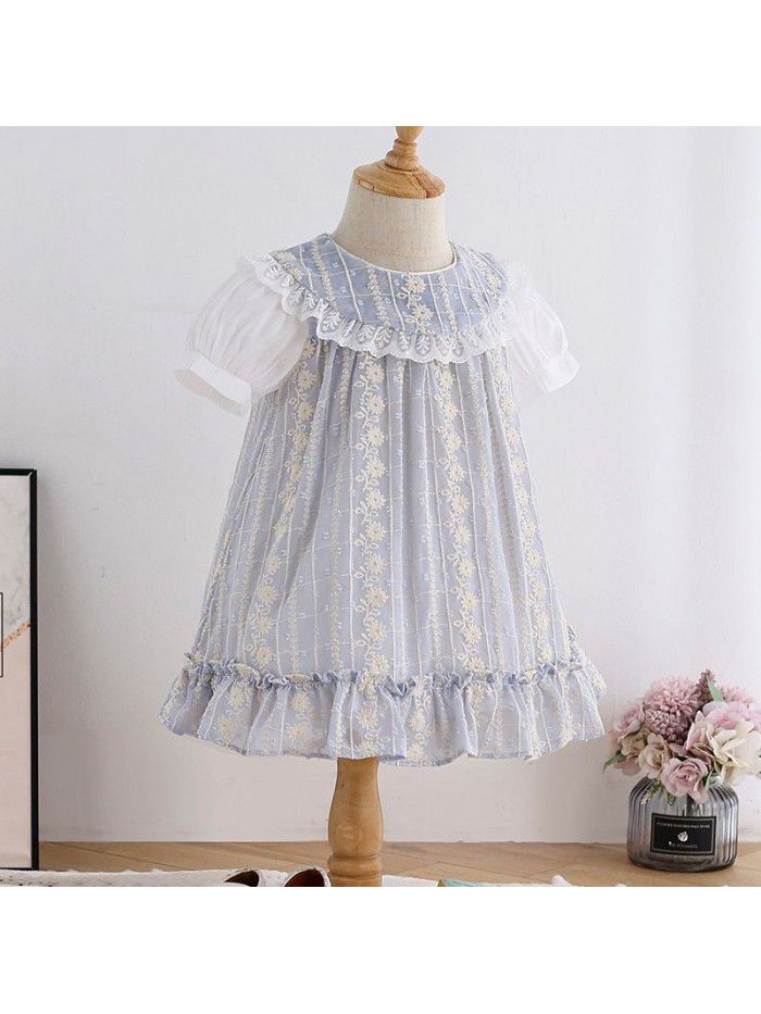  summer new round neck short sleeve loose skirt children jacquard Princess Dress Korean sweet girl dress 