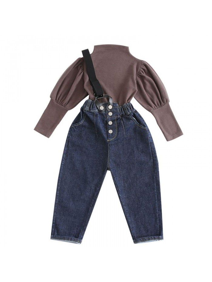 Girls' one shoulder loose fitting denim suspenders  spring new style foreign style Korean fashionable Chinese University Children's casual pants 