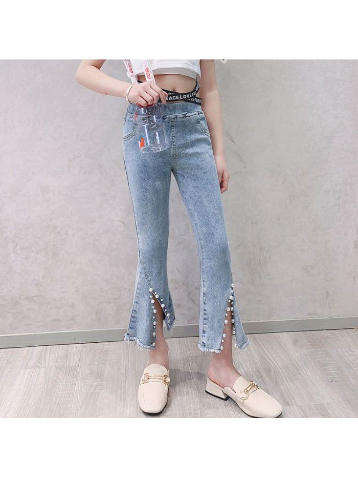 Girls' jeans flared pants spring and autumn  new Korean version of Chinese University Children's foreign style Capris elastic slim pants 