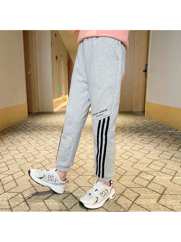 Girls' Plush pants children's men's autumn and winter three-layer Plush leisure sports warm trousers 