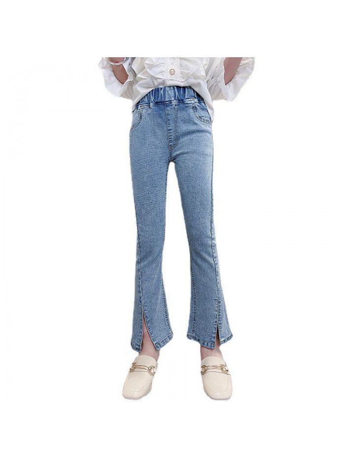 Girls' jeans  spring new children's wear Korean slim fit elastic open flared pants 