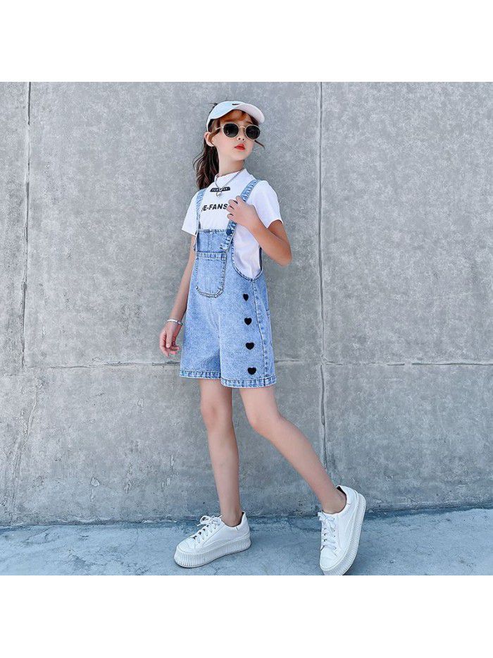 Girl's suspender pants for middle and large children's foreign style loose denim shorts summer thin children's love pants 