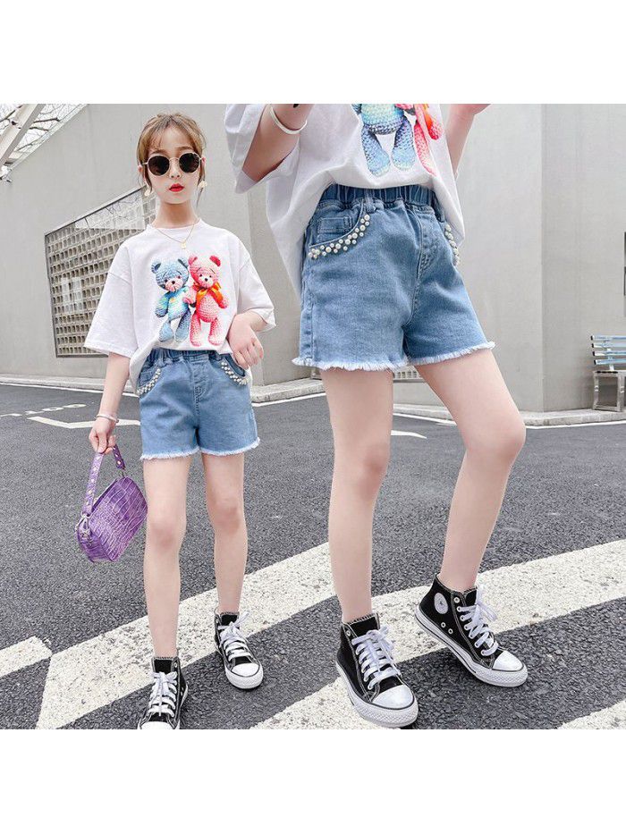 Girls' shorts summer  new fashion children's foreign style hot pants jeans wear girls' pearl pants summer dress 