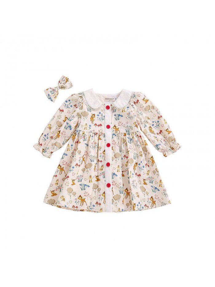 Spring new girl's dress cartoon print girl's Princess Dress European and American children's long sleeve Floral Dress 