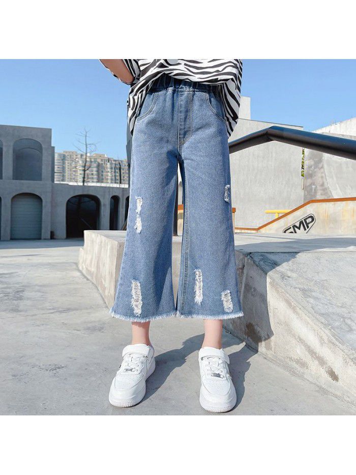 Girl's wide leg pants spring and summer  loose foreign style girl's big boy's jeans hole children's Capris 