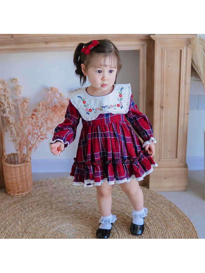  spring new long sleeve girl's dress European and American children's Plaid Skirt Western style children's Lapel embroidery skirt 