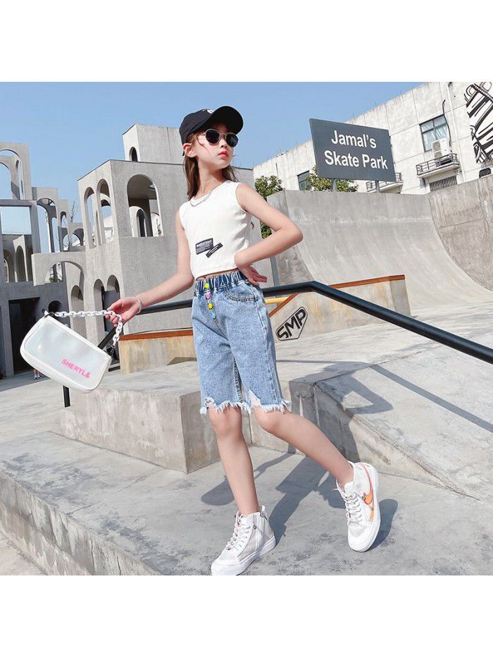 Girls' denim pants  summer dress new Chinese University Children's Korean version loose foreign style fashionable five point pants fashion 