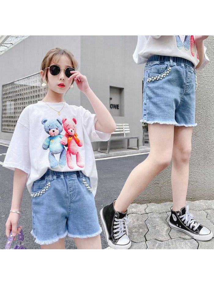 Girls' shorts summer  new fashion children's foreign style hot pants jeans wear girls' pearl pants summer dress 